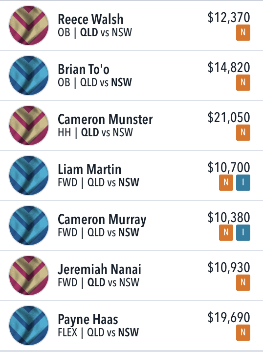 Example Draftstars Team for the $40,000 State of Origin Game 2 contest